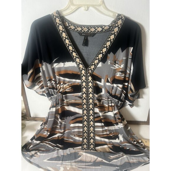 BCBG MaxAzria Sz M Women's Stretch Knit Pullover Blouse Top Southwestern V Neck - Picture 1 of 7